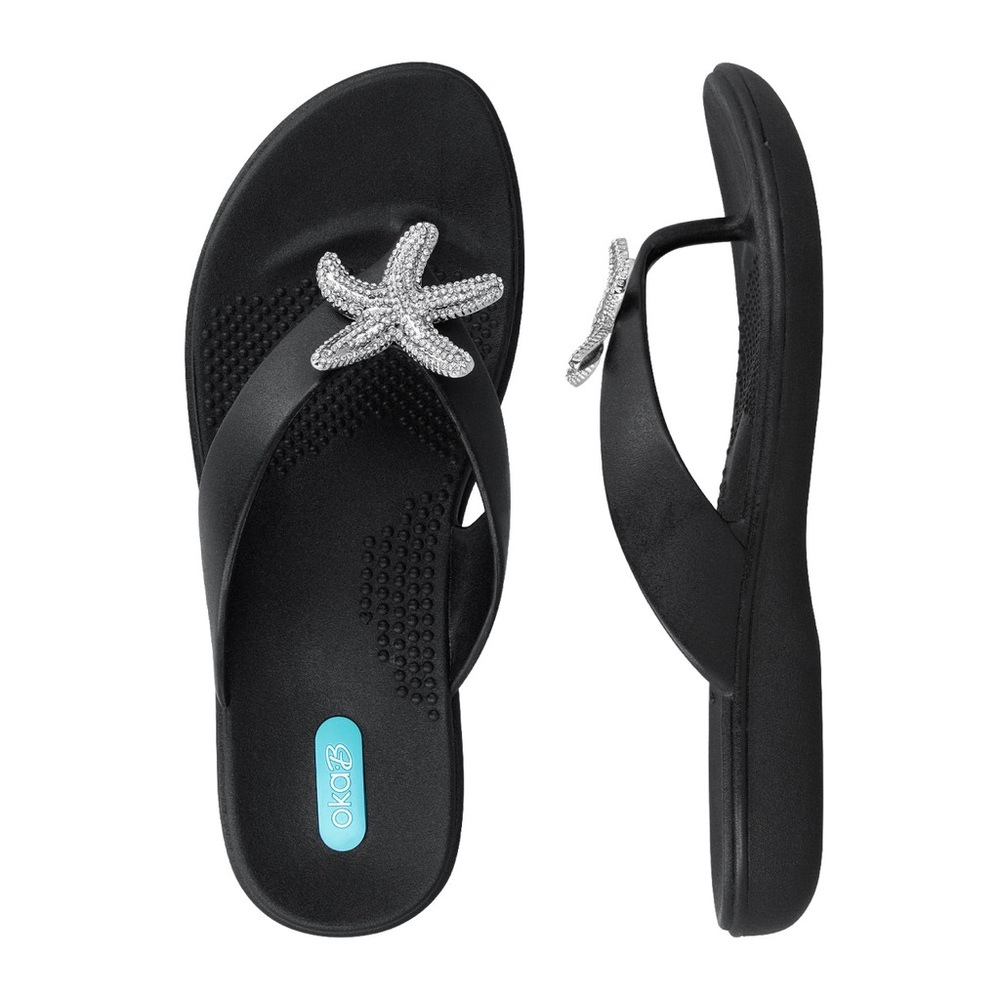 New 🆕 OKA b. Black Flip Flop Sandals w/ Crystal Starfish Women’s L